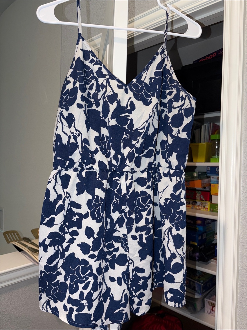 SHEIN White and Navy Floral Spaghetti-Strap Romper